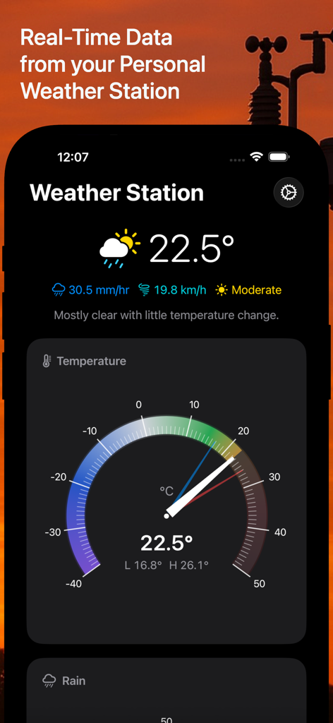 Weather Fusion - Weather Fusion app dashboard showing real time temperature gauge and local station data