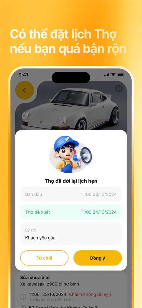 Mobile app interface showing a service rescheduling notification with options to accept or decline a new appointment time.