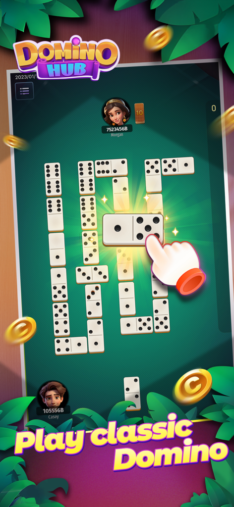Domino Hub - A hand playing a classic domino match in the Domino Hub mobile game