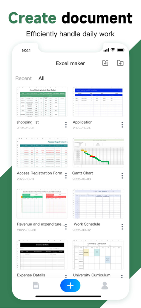 A mobile app interface displaying a variety of spreadsheet templates such as expense trackers and work schedules