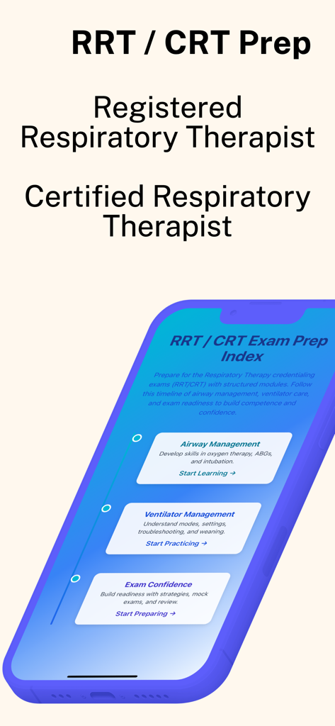 RRT/CRT: Respiratory Mastery - A smartphone displaying the RRT and CRT exam prep index with study modules for respiratory therapists