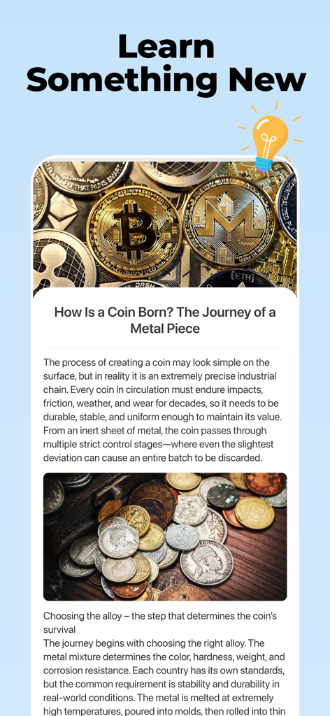 Lens AI: Scan & Identify All - Una pantalla de la aplicación Lens AI que muestra un artículo educativo sobre la historia y el proceso de fabricación de monedas.