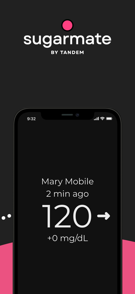 Smartphone screen showing a glucose reading of 120 in the Sugarmate by Tandem app