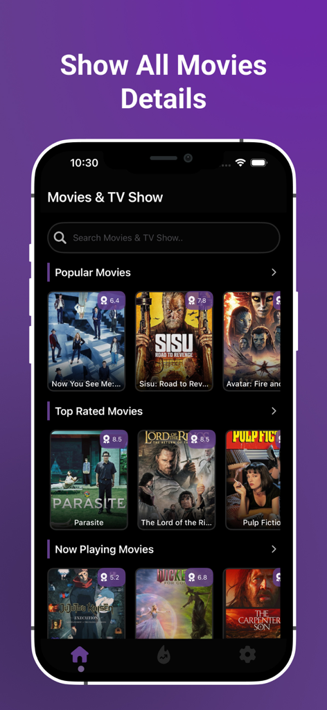 Rodjo mobile app interface displaying popular and top rated movies with their ratings.