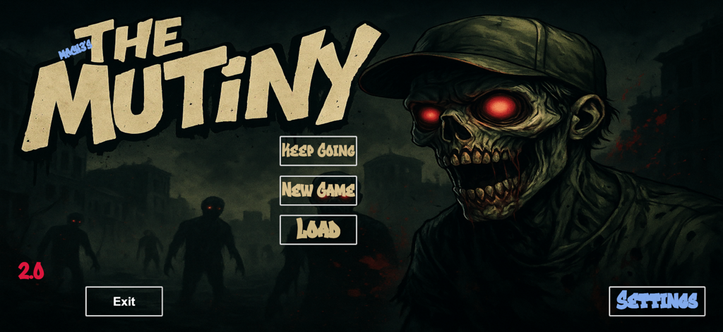 Main menu of The Mutiny mobile game featuring a gritty zombie character with glowing red eyes and game navigation buttons