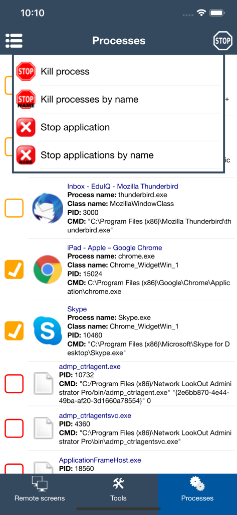 Classroom Spy - Mobile interface of Classroom Spy showing a list of running processes on a student computer with options to kill or stop applications.
