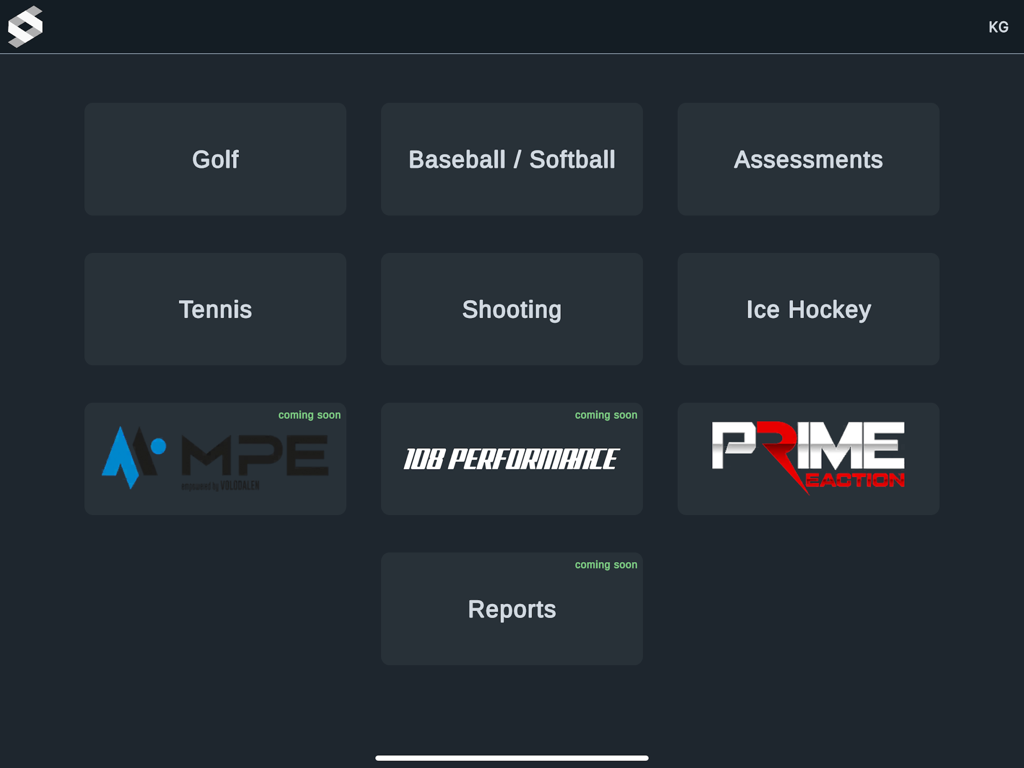 SensorEdge App home screen showing sports training categories like golf and baseball