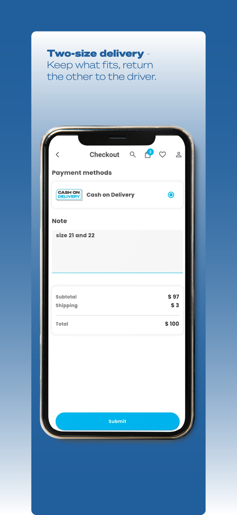 Tenten Online - Pantalla de pago de la aplicación Tenten Online que muestra la opción de entrega en dos tamaños y el método de pago contra reembolso.
