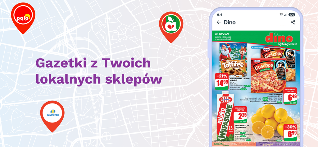 Gazetkowo - gazetki sklepowe - Gazetkowo app showing local store flyers and promotional deals on a smartphone screen over a map background.