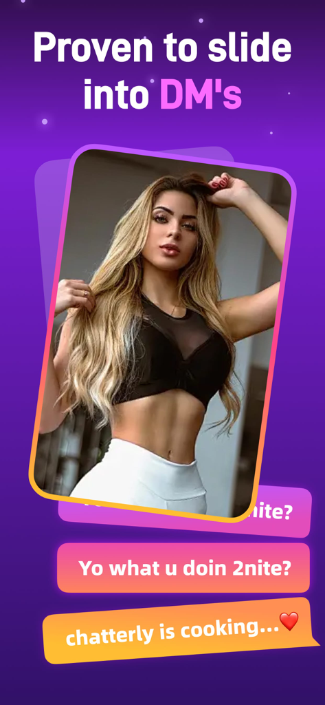 A promotional screen for Chatterly flirting keyboard showing an AI-generated reply to a dating direct message.