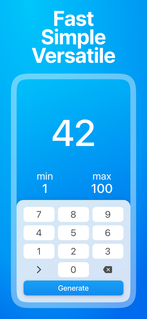 Random (Number Generator) - Interface de usuário limpa e simples do aplicativo Aleatório mostrando um número gerado e configurações de intervalo