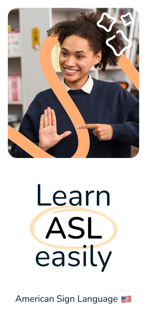 A woman demonstrating American Sign Language with the text Learn ASL easily