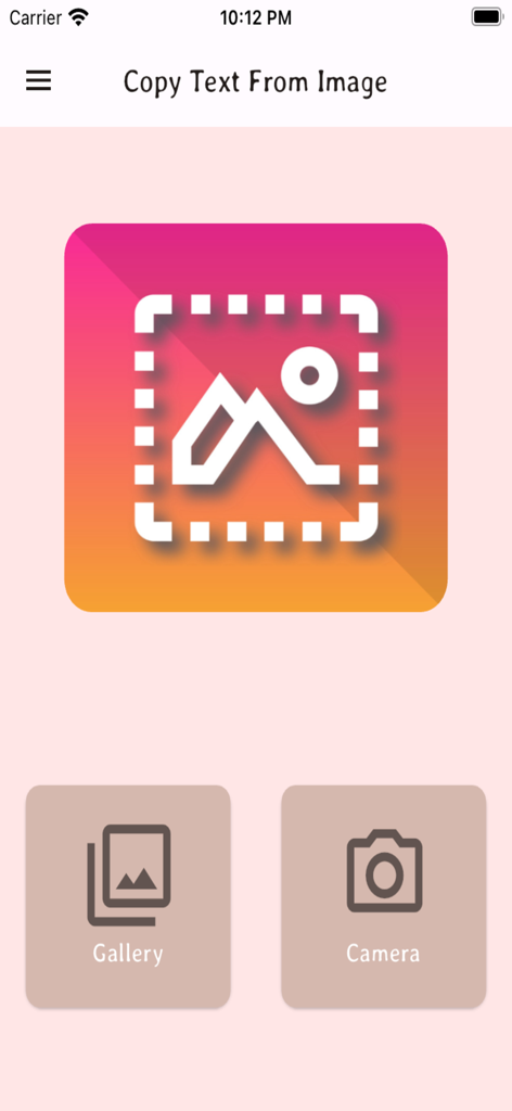Copy Text From Image - ギャラリーとカメラソースオプションが表示された、画像からテキストをコピーアプリのメインインターフェイス