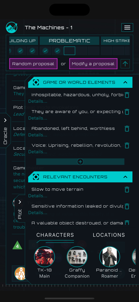 PUM Companion RPG Storytelling - Interface mobile de PUM Companion montrant des éléments du monde, des rencontres pertinentes et des profils de personnages
