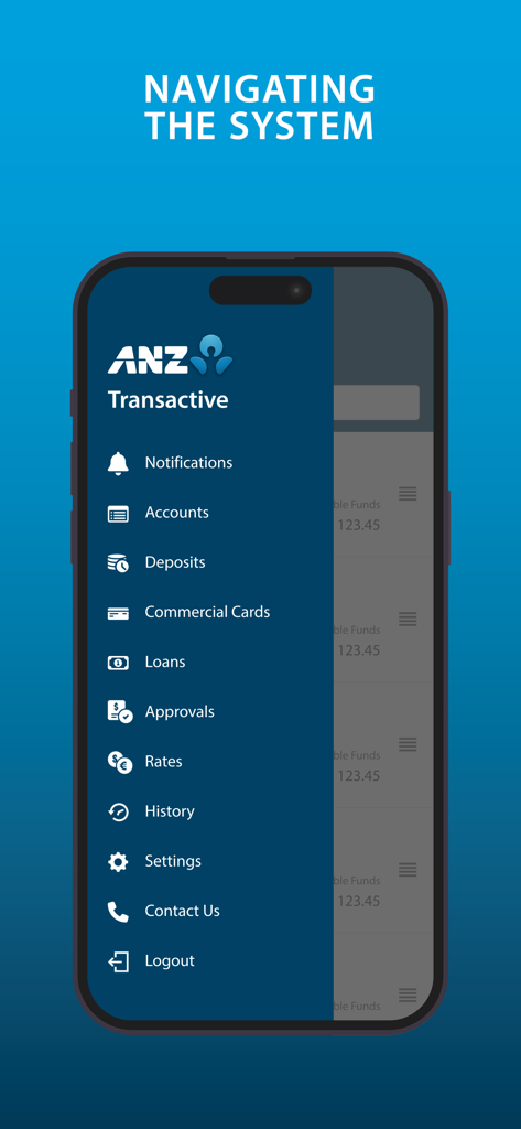 ANZ Transactive - Global - Side navigation menu of the ANZ Transactive Global mobile app displaying corporate banking options like accounts deposits and approvals