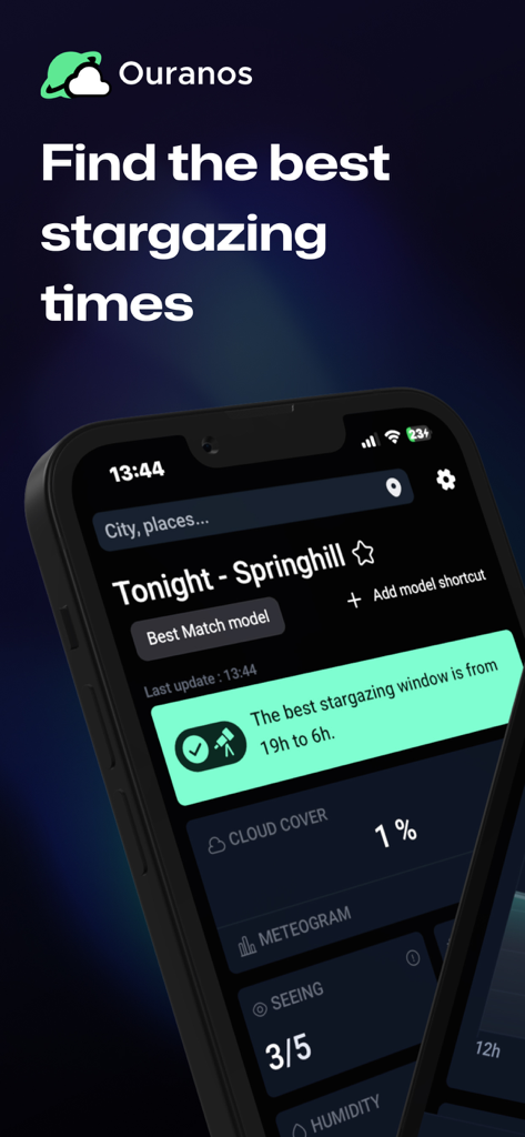 Ouranos: Clear Sky Forecast - Ouranos app interface showing the best stargazing window and cloud cover forecast.