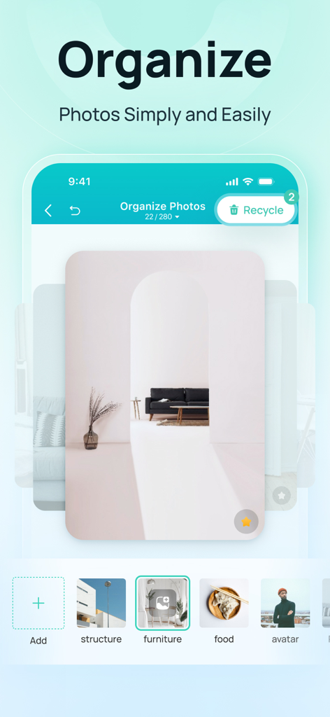 iCareFone:Phone Transfer&Clean - iCareFone app screenshot showing photo organization by categories like furniture and food
