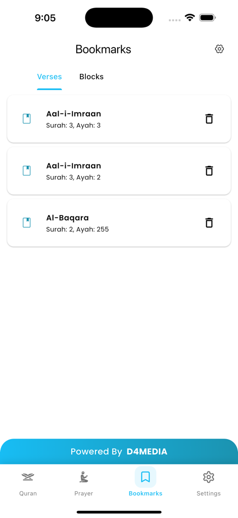 Bookmarks screen of the Thafheem ul Quran app showing a list of saved verses