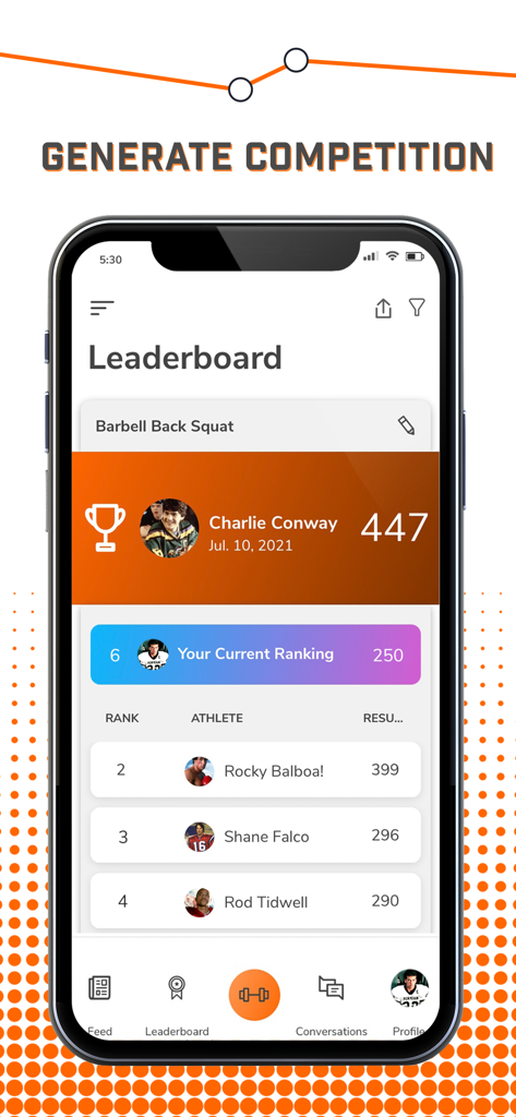 TeamBuildr Training app leaderboard showing athlete rankings for barbell back squats