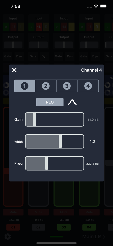 X Air Controller app interface showing channel equalizer settings with gain width and frequency sliders.