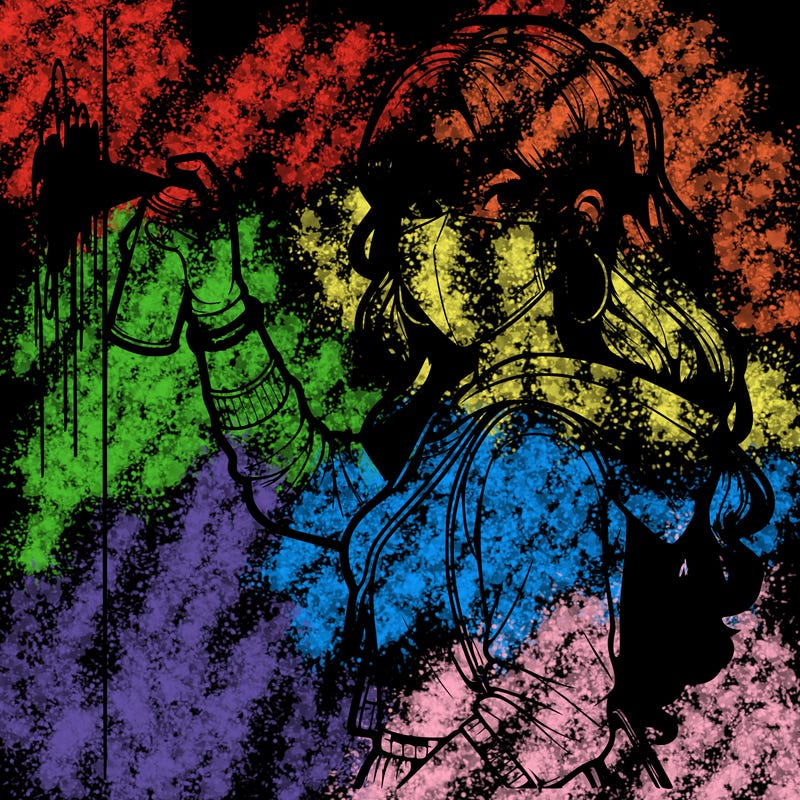 realistic girl with mask spray painting a wall