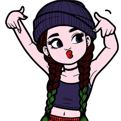 realistic teenage girl with braids and a beanie and crop top doing 🫶🏼