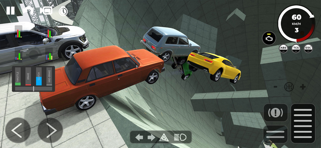 Beam Drive Crashes Original 3D - Multiple cars colliding in a concrete stunt arena in the Beam Drive Crashes mobile game