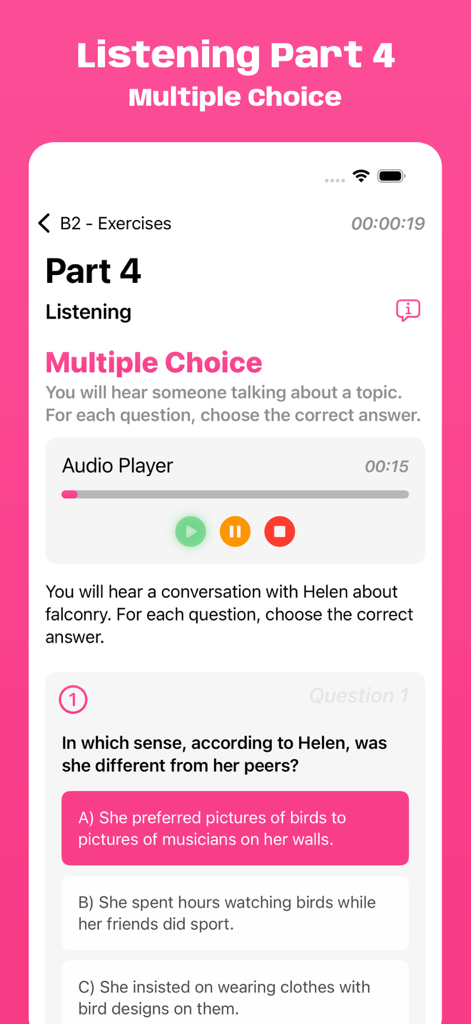 Schermata di pratica di ascolto del simulatore dell'esame Cambridge B2 con domanda a scelta multipla e lettore audio