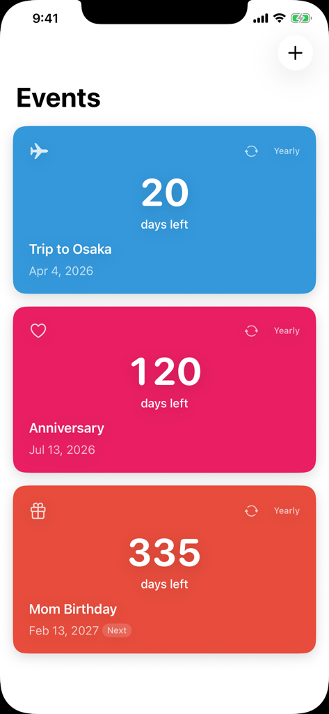 Event Countdown - Days Left - A screen showing multiple colorful event countdown cards for a trip, anniversary, and birthday with days left displayed