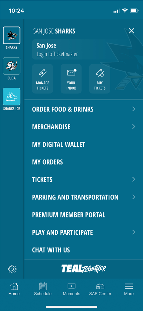 San Jose Sharks + SAP Center - The main dashboard of the San Jose Sharks and SAP Center app featuring ticketing and venue services