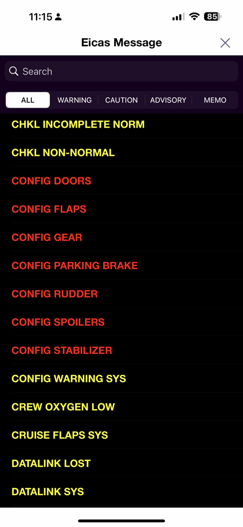 A list of Boeing 787 EICAS messages in the training guide app showing warning and caution alerts in a dark mode interface.