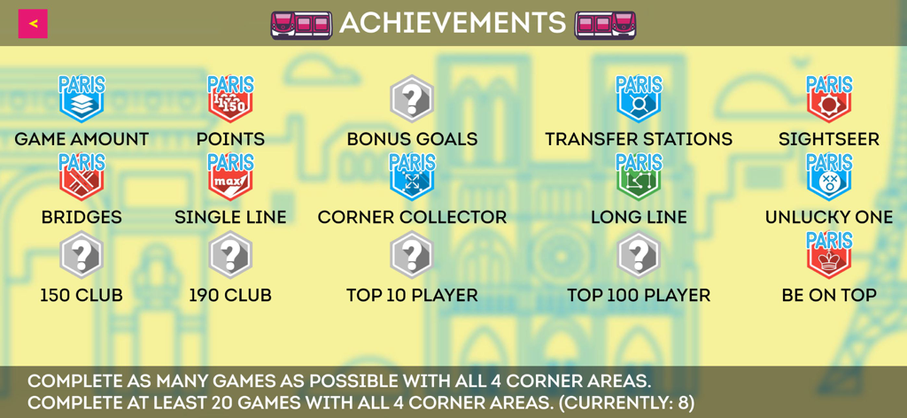 A menu screen displaying various achievements and badges for the mobile game Next Station Paris.