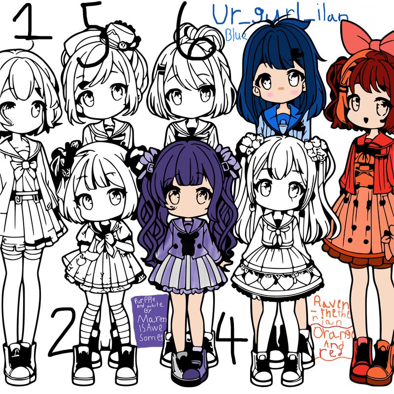 6 cute anime girls lined up