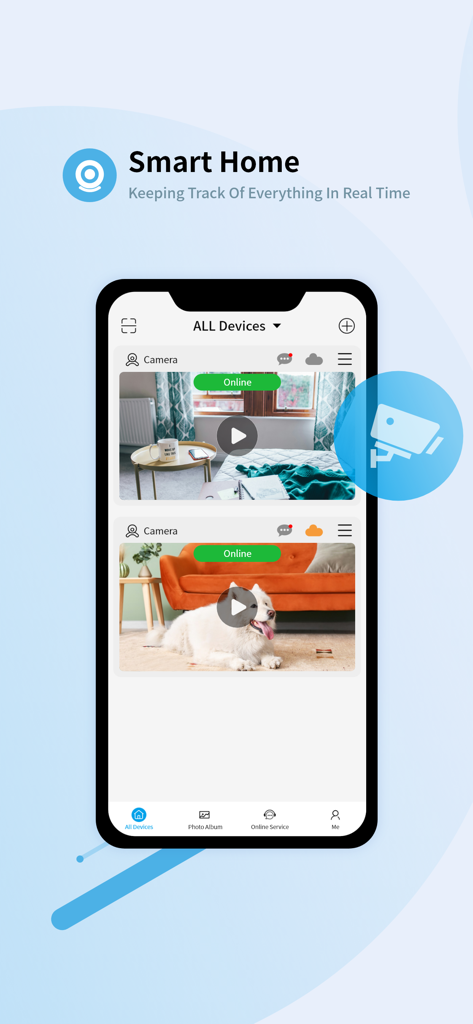 Tris Home - Smartphone showing the Tris Home app interface with live camera feeds of a living room and a pet dog