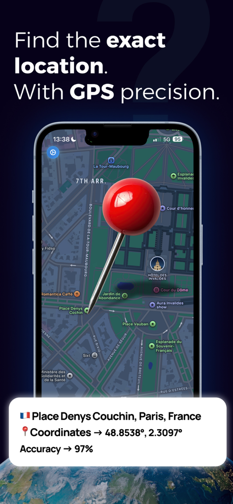 GeoFindr AI : Locate any photo - Interfaz de la aplicación GeoFindr AI mostrando coordenadas GPS precisas y un marcador de ubicación en un mapa de París