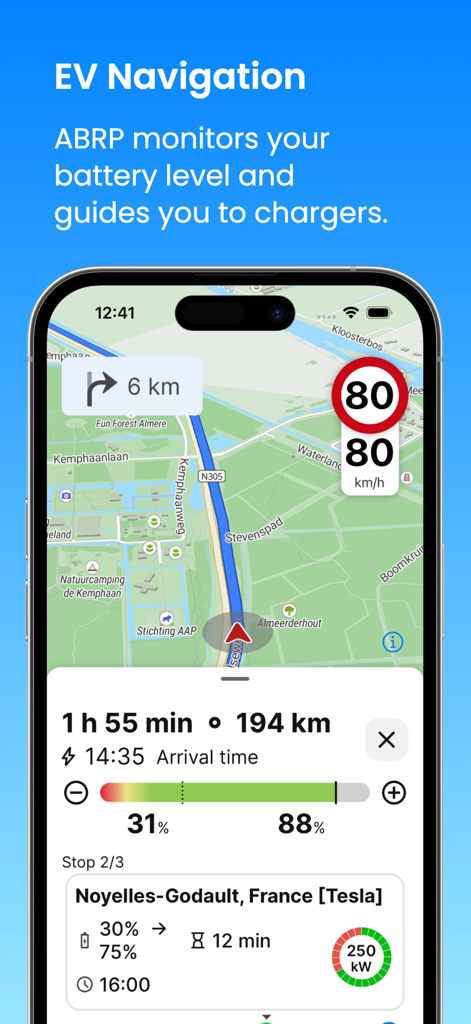 A Better Routeplanner app interface showing EV navigation and battery level monitoring with a planned charging stop