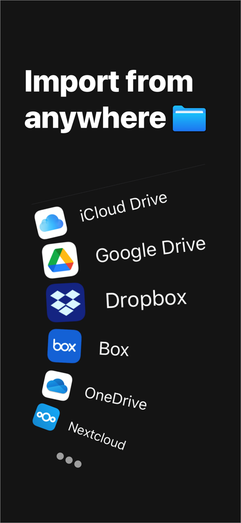 Fileplay - Documents Player - Fileplay app showing import support for iCloud Google Drive Dropbox Box OneDrive and Nextcloud