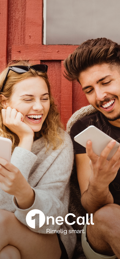 Young couple laughing while using their mobile phones with the OneCall logo