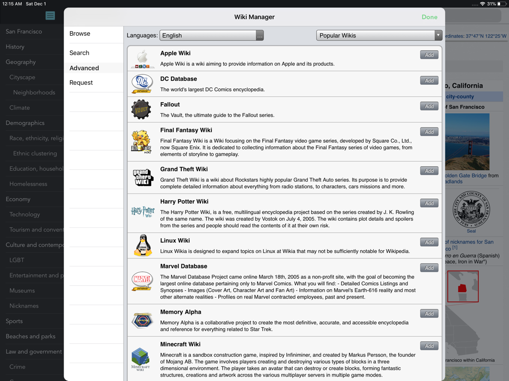 Wikipanion iPad app showing the Wiki Manager with a list of popular wikis like Apple Wiki and Marvel Database