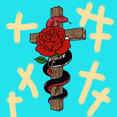 a rose with a snake wrapping around a realistic cross