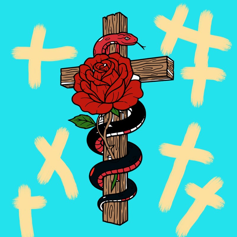 a rose with a snake wrapping around a realistic cross