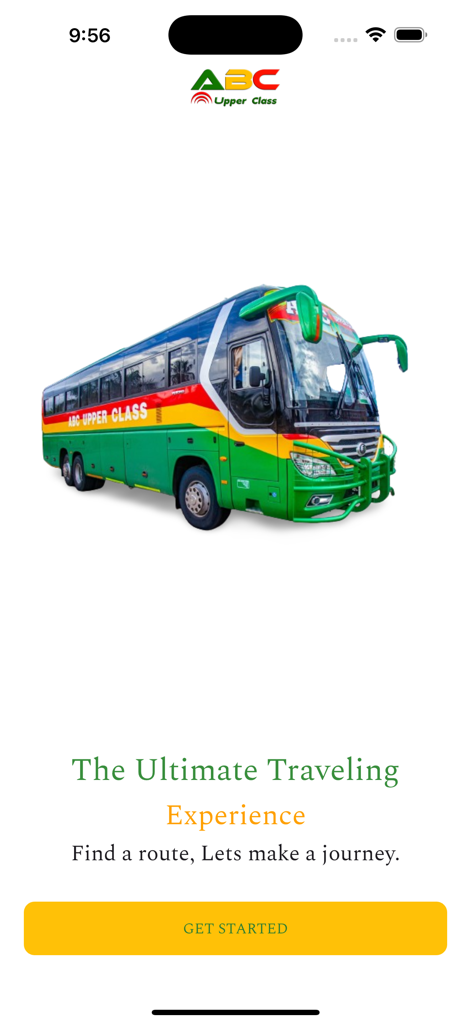 Abc Upper Class Bus - Welcome screen of Abc Upper Class Bus app featuring a green luxury bus and a Get Started button