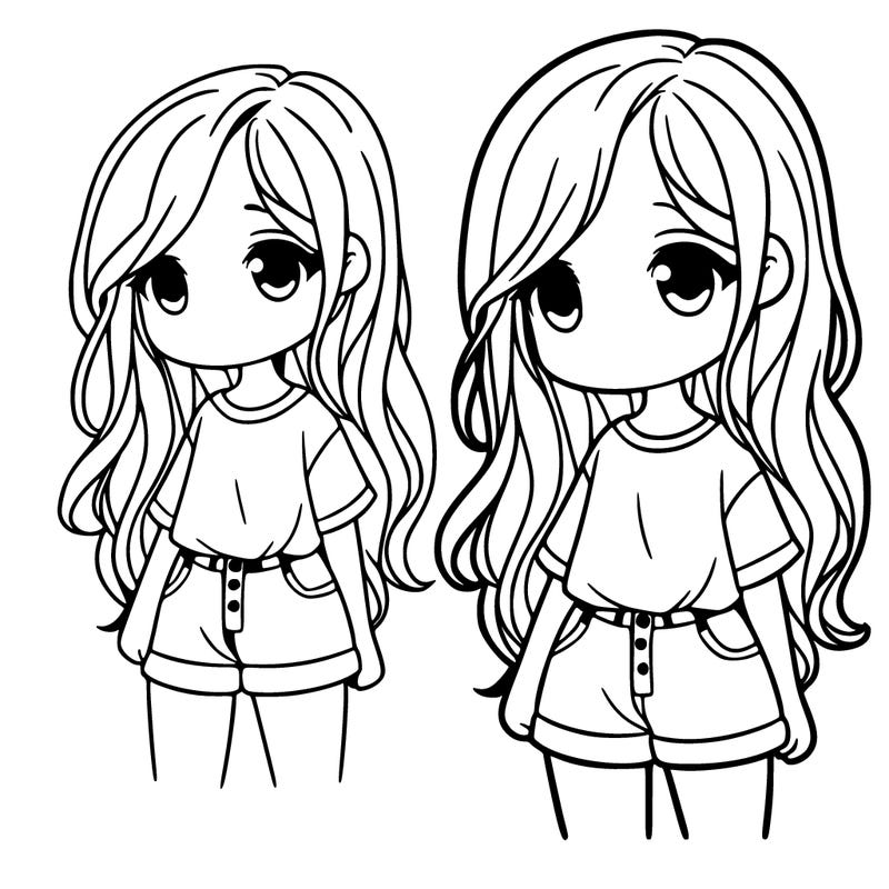 a girl with long hair and a short shirt and pants