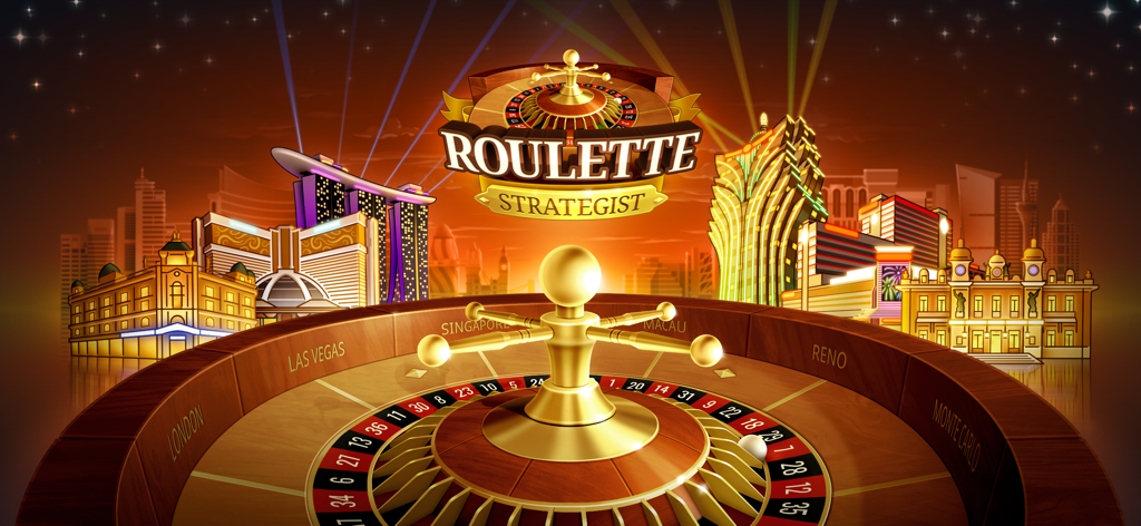Roulette - Wheel of Fortune - Rueda de ruleta frente a un horizonte nocturno de ciudades de casino famosas como Las Vegas y Singapur