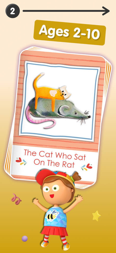 A children's story book app screen showing a book titled The Cat Who Sat On The Rat for ages 2 to 10.