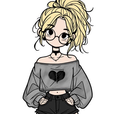 girl with a messy ponytail glasses a baggy crop top and jean shorts