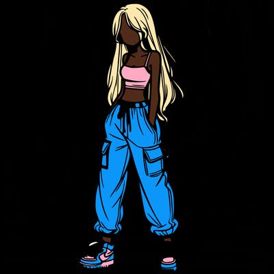 girl in baggy pants crop top and long hair
