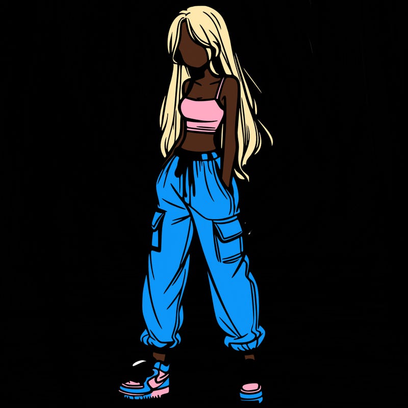 girl in baggy pants crop top and long hair