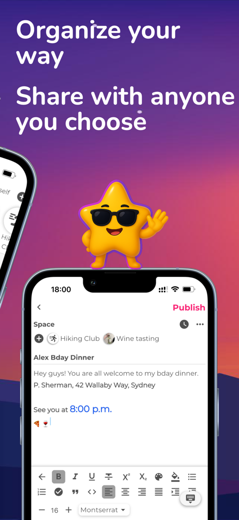 Glim: Social Space - Smartphone display showing Glim Social Space app interface for planning a birthday dinner event