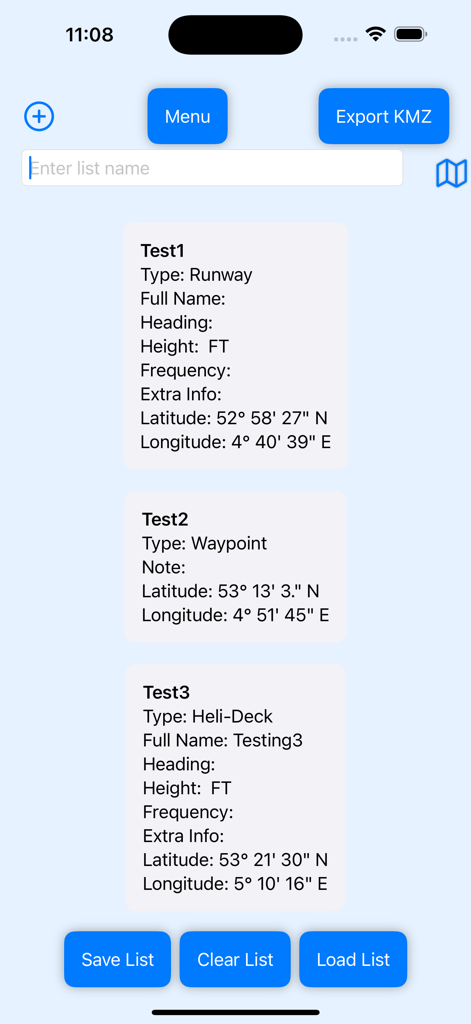Una lista de waypoints de vuelo personalizados en la aplicación Waypoint Creator que muestra coordenadas y datos técnicos para pistas y helipuertos.
